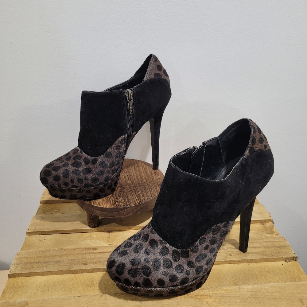 Colin Stuart Leather Cheetah Print Faux Fur Platform Heel Booties